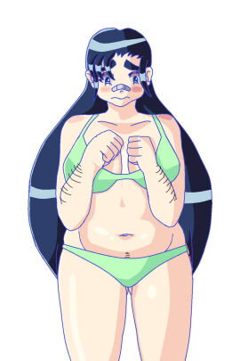 belly bikini blue_hair chubby chubby_female embarrassed female grizelda_(shyguycabeludo) shyguycabeludo