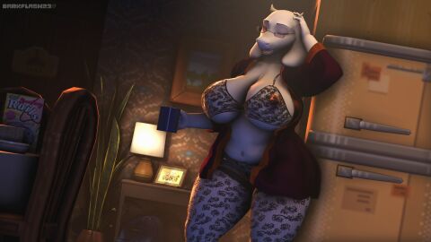 16:9 3d anthro big_breasts boss_monster_(undertale) bovid breasts caprine clothed clothing curvy_figure darkflash23 deltarune digital_media_(artwork) eyebrows eyewear female fur glasses goat hi_res horn huge_breasts kitchen mammal navel nipples one_eye_closed overweight overweight_anthro overweight_female pink_nipples skimpy solo thick_thighs toriel undertale undertale_(series) warfare_machine warfare_toriel wide_hips widescreen