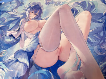 absurdres asymmetrical_legwear blue_eyes blue_flower blue_hair blush breasts cantarella_(wuthering_waves) censored chinese_commentary commentary_request dress earrings facial_mark feet female fish floating_hair flower full_body garter_straps hair_between_eyes hair_flower hair_ornament hair_spread_out headdress highres huge_breasts jellyfish jewelry kneehighs legwear_cutout long_hair looking_at_viewer mark_under_eye meisansan mosaic_censoring nail_polish nipples no_shoes paid_reward_available panties parted_lips purple_hair purple_nails pussy shrug_(clothing) single_kneehigh single_sock single_thighhigh skindentation smile socks soles solo submerged thighhighs thighs toes underwater underwear uneven_legwear very_long_hair water white_dress white_garter_straps white_panties white_shrug white_socks white_thighhighs wuthering_waves