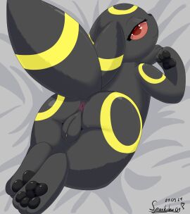 absurd_res anus ass bed bedroom_eyes big_ass big_butt black_body black_fur black_pawpads canid clitoris ear_markings eeveelution eyebrows female feral fur furniture generation_2_pokemon genitals hi_res inviting looking_at_viewer lying mammal markings multicolored_ears narrowed_eyes nintendo on_bed on_bedding on_front pawpads paws pokemon pokemon_(species) presenting presenting_anus presenting_hindquarters presenting_pussy prick_ears pupils pussy raised_eyebrow raised_tail red_pupils red_sclera ring_(marking) seductive shaded simple_background smile solo solo_focus sparkchu01 tail tail_markings tapering_tail thick_thighs umbreon wide_hips yellow_body yellow_fur