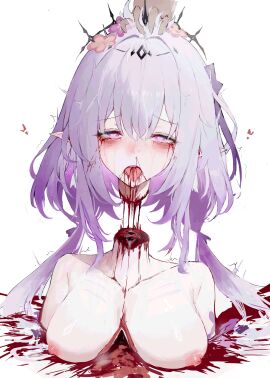 absurdres blud_spine breasts castorice_(honkai:_star_rail) collarbone commentary_request death female female_death gore guro highres honkai:_star_rail honkai_(series) korean_commentary large_breasts low_twintails nipples open_mouth pointy_ears purple_eyes purple_hair rolling_eyes severed_head solo_focus tongue tongue_out twintails