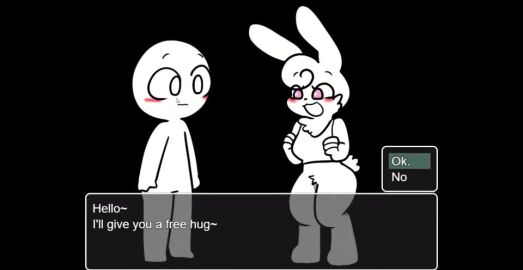 1boy 1girls anthro asking bunny bunny_girl dominant_female female_pred femdom hug lying male_prey pleasure_face rabbit rabbit_girl struggle_simulator tagme text video video_games vore vore_belly white_fur white_skin