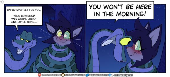 2025 alternate_species anthro black_body black_fur black_hair blush body_outline brown_body comic dialogue domestic_cat duo english_text erection felid feline felis feral fur genitals hair hi_res humanoid_genitalia humanoid_penis kaa_(jungle_book) male mammal multicolored_body multicolored_fur nude_anthro nude_male outlet_(outletdraws) outletdraws pawpads penis pink_pawpads plant python reptile scalie scared_face slightly_chubby slightly_chubby_anthro slightly_chubby_male snake snake_vore speech_bubble tail text the_jungle_book tongue tongue_out tree two-tone_body two-tone_fur vore white_body white_fur