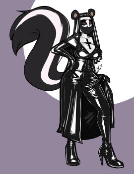 2022 absurd_res anthro breasts bulge clothing cross digital_media_(artwork) footwear futanari grey_background hi_res high_heels intersex latex lettuce_(artist) looking_at_viewer mammal mephitid nun nun_habit nun_outfit religious_clothing simple_background skunk smile solo standing