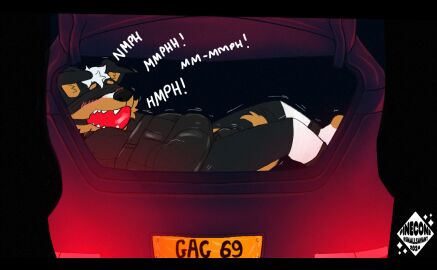 anthro ball_gag blindfold bondage bound captured car gag gagged grainy inside_car kidnapping latex male male_only malesub muffled night non-human non-human_only offscreen_character peril plushie predicament_bondage questionable_consent restraints smallsavant straitjacket struggling teddy_bear trunk vehicle vowelless vowelless_vocalization