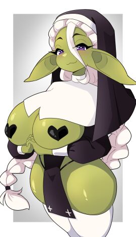 1girls big_breasts black_heart_pasties black_pasties braid breasts commission female female_only goblin goblin_female green-skinned_female green_skin heart_pasties hi_res j5daigada long_hair looking_at_viewer nipple_pasties nun nun_hat nun_outfit original pasties pelvic_curtain pointy_ears purple_eyes revealing_clothes smiling smiling_at_viewer smug solo thick_thighs thighhighs thong_straps tuft white_hair white_thighhighs