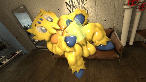 3d full_body indoors joltik lying male male_focus male_only mightyk7 nintendo no_humans on_back pokemon pokemon_(species) pokémon_(species) solo wooden_floor