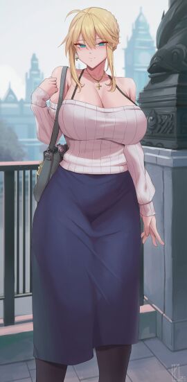 1girls absurdres ahoge alternate_costume artoria_pendragon artoria_pendragon_(lancer) artoria_pendragon_(lancer)_(fate) bag bare_shoulders blonde_hair blue_skirt breasts cleavage collarbone commentary cross cross_earrings cross_necklace earrings english_commentary fate/grand_order fate_(series) female female_only green_eyes highres huge_breasts jewelry kakeku light-skinned_female light_skin long_hair long_sleeves looking_at_viewer necklace off-shoulder_sweater off_shoulder outdoors paid_reward_available ribbed_sweater shoulder_bag sidelocks skirt smile solo standing sweater variant_set white_sweater wide_hips