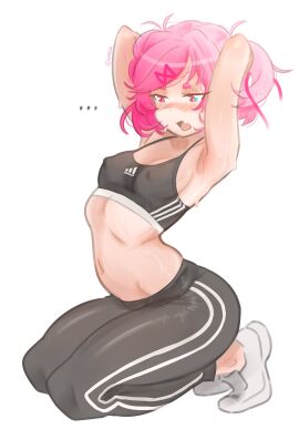 1girls 2d armpits arms_up blush doki_doki_literature_club emiillb female human kneeling natsuki_(doki_doki_literature_club) nipple_outline pink_hair solo sports_bra sportswear sweat sweating sweaty yoga_pants