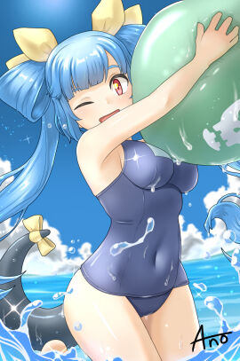 1girls 2020s 2024 ano_(fjcd7247) arms_up artist_name ball_(object) bare_shoulders beachball blue_hair blue_sky breasts cloud covered_navel dizzy_(guilty_gear) female guilty_gear hair_rings holding holding_ball looking_at_viewer medium_breasts monster_girl ocean one_eye_closed open_mouth red_eyes ribbon school_swimsuit sideboob sky solo sparkle swimsuit tail tail_ornament tail_ribbon thighs wet wet_clothes wet_swimsuit yellow_ribbon