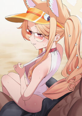 1boy animal_ears ass blonde_hair blue_archive breasts bulge commentary dark-skinned_male dark_skin erection erection_under_clothes female fox_ears fox_girl fox_tail glasses halo highres interracial long_hair male nipples official_alternate_costume one-piece_swimsuit orange-tinted_eyewear pale-skinned_female pink_eyes seia_(blue_archive) seia_(swimsuit)_(blue_archive) senapops side_ponytail small_breasts smile straight sunglasses sweat swimsuit tail tinted_eyewear visor_cap white_one-piece_swimsuit yellow_halo