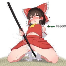 commentary female female_masturbation full_body gohei hakurei_reimu highres kneeling masturbation mikoscrub solo touhou