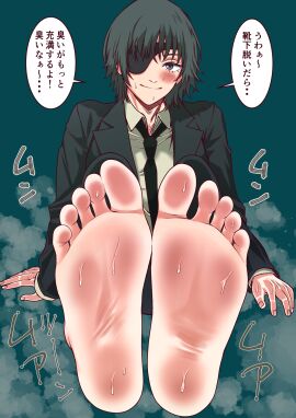 1girls asikoma7777 barefoot_under_trousers blushed_soles chainsaw_man eyepatch feet female foot_focus green_eyes himeno_(chainsaw_man) japanese_text looking_at_viewer soles speech_bubble steam suit sweat toes tomboy