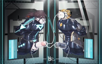 abs anthro balls band-aid band-aid_on_face bandage bandage_on_face biceps black_latex blush bodily_fluids bondage canid canine canis clothing dripping drooling duo electrode electrode_on_balls electrode_on_nipples electrode_pad electrostimulation erection eye_roll felid foreskin genital_fluids genitals half-closed_eyes hi_res humanoid_genitalia humanoid_penis kaolongbaoo latex latex_clothing latex_skinsuit limb_slot male male_only mammal mask medical_instrument mgg_(character) mind_control mouth_closed muscular muscular_male narrowed_eyes open_mouth orange_body oxygen_mask pantherine pecs penis penis_milking_machine precum precum_drip pubes quads red_eyes retracted_foreskin reverse_kabeshiri saliva scientific_instrument signature skinsuit teeth through_wall tiger tight_clothing tube tube_in_mouth uncircumcised vein veiny_penis wolf