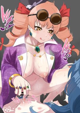 2girls :d bar_censor blue_hair blush breasts brown_hair censored coat drill_hair earrings eyewear_on_head female futanari hair_ribbon hat highres incest intersex jewelry large_breasts mooui multiple_females multiple_girls multiple_rings naked_coat necklace nipple_stimulation nipple_tweak nipples pendant pubic_hair ribbon ring sex siblings sisters small_breasts smile sunglasses sweat top_hat touhou yorigami_jo'on yorigami_shion