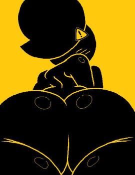 ass big_ass big_butt black_body facesitting facesitting_pov female jjoyplus ponytail pov pov_facesitting thick_thighs viewed_from_below warning_sign warning_sign_person yellow_background