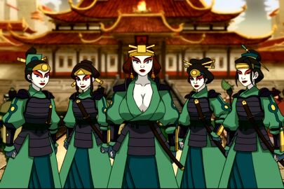5girls avatar_legends avatar_the_last_airbender blue_eyes breasts clavicle cleavage earth_kingdom facepaint female gold_(metal) hairbun hairbuns headpiece huge_breasts katana kyoshi_warrior large_breasts lipstick makeup nonbender outdoors red_lipstick screencap screenshot screenshot_edit suki tied_hair warpaint