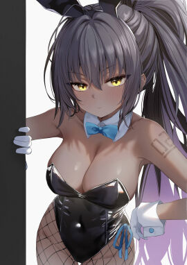 absurdres animal_ears bare_shoulders black_hair black_leotard blue_archive blue_bow blue_bowtie blush bow bowtie breasts cleavage closed_mouth collar collarbone covered_navel cowboy_shot dark-skinned_female dark_skin detached_collar fake_animal_ears female fishnet_pantyhose fishnets gloves hair_between_eyes hand_on_own_hip high_ponytail highres karin_(blue_archive) karin_(bunny)_(blue_archive) large_breasts leotard long_hair looking_at_viewer official_alternate_costume pantyhose ponytail solo strapless strapless_leotard very_long_hair wendao white_collar white_gloves white_wrist_cuffs wrist_cuffs yellow_eyes