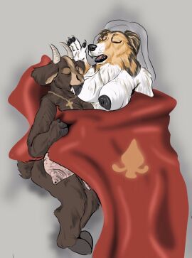 affair anthro bed_sheet bedding big_crotchboobs black_nipples blasphemy bovid breastfeeding breasts brown_body brown_fur canid canine canis caprine christianity collie corruption cross cross_necklace crotchboobs domestic_dog domestic_goat doxxie duo england female female/female flat_chested fur goat herding_dog hi_res horn infidelity jewelry mammal necklace nipples non-human_areolae nun open_mouth orange_body orange_fur pastoral_dog religion rough_collie royalty sheepdog temptation white_body white_fur