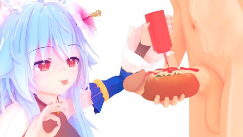 1boy 1girls 3d 3d_model akiren blue_hair breast_out breasts cat_ears cat_girl cat_tail catgirl clothed clothing female flower flower_in_hair food hair_ornament hot_dog hot_dog_bun hourglass_figure kemonomimi ketchup koikatsu lilly_kurusu long_hair male male/female neko nekomimi nude nudity original_character penis penis_hot_dog red_eyes sauce