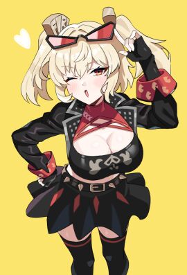 1girls adjusting_eyewear black_jacket black_skirt black_thighhighs black_tube_top blonde_hair breasts burnice_white cleavage commentary cowboy_shot eyewear_on_head female hair_ornament heart jacket looking_at_viewer midriff one_eye_closed red-tinted_eyewear red_eyes simple_background skirt smile solo spiked_belt strapless thighhighs tinted_eyewear tube_top twintails yellow_background zenless_zone_zero zzminguzz