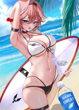 1girls 2024 2d 2d_(artwork) alternate_costume ambercrown arm_behind_head beach belly_button big_breasts bikini bikini_bottom bikini_top black_bikini_bottom blue_eyes bra breasts cleavage day female female_focus female_only holding_object hololive hololive_japan holox hourglass_figure light-skinned_female light_skin looking_at_viewer multi-strapped_bikini navel ocean outdoors palm_tree pink_hair pink_nails sand short_hair sky slim_female smiling smiling_at_viewer solo solo_female solo_focus standing summer surfboard swimsuit takane_lui thong thong_bikini virtual_youtuber vtuber vtuberfanart water water_bottle white_bikini_top young younger_female