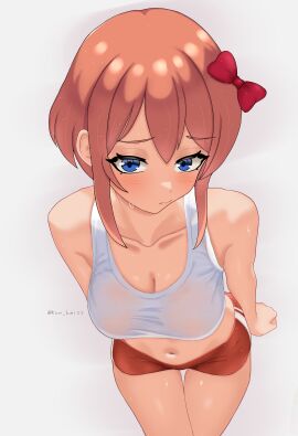 1girls bangs belly blue_eyes blush bow breasts doki_doki_literature_club embarrassed female hair_bow hourglass_figure kun_kaiss large_breasts light-skinned_female light_skin looking_at_viewer navel sayori_(doki_doki_literature_club) see-through see-through_clothing short_hair shorts shy slim_waist solo sportswear sweat sweatdrop sweaty tank_top thighs wide_hips