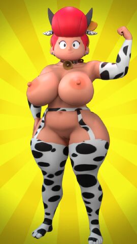 3d big_breasts brawl_stars breasts cow_bikini cow_print female mrvector_3d nipples pam_(brawl_stars) pam_lechera strong tagme yellow_background