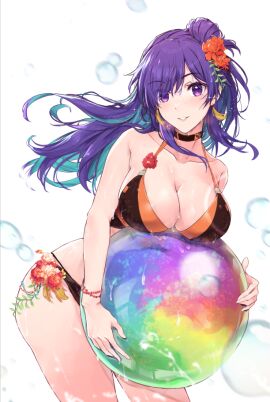 1girls alternate_costume bangs beach_ball bikini black_bikini black_swimsuit blush breasts choker cleavage commentary_request female female_only fire_emblem fire_emblem:_three_houses fire_emblem_heroes fire_emblem_warriors:_three_hopes hair_bun hair_over_one_eye large_breasts long_hair looking_at_viewer nintendo outdoors purple_eyes purple_hair shez_(fire_emblem) shez_(fire_emblem)_(female) simple_background single_hair_bun smile solo swimsuit white_background yuuri_(orz_commushows)
