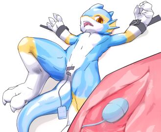 anthro aquatic_dragon blue_body bondage bondage_straps bound digital_media_(artwork) dragon feet fin fishy_fizz genitals hi_res looking_at_viewer lying male marine mythological_creature mythological_scalie mythology nude on_back orange_eyes penetration penis restraints scalie sex_toy sex_toy_in_slit sex_toy_insertion simple_background slit_penetration slit_play solo submissive tail toes vibrator vibrator_in_slit x_ray_view