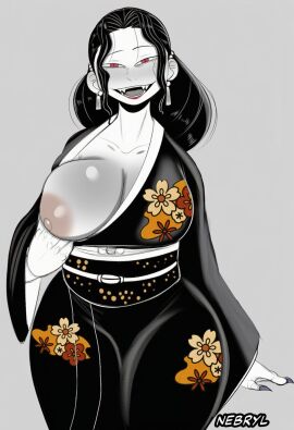 1girls big_ass big_breasts big_thighs black_hair blush blushing breasts breasts_out demon demon_slayer female female_version flashing huge_breasts kimetsu_no_yaiba kimono lipstick long_hair looking_at_viewer muzan_kibutsuji nebryl oni open_mouth pale_skin red_eyes smile smiling solo thick_thighs white_skin wide_hips