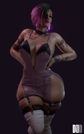 1girls 3d ass big_ass bob_d3d breasts cd_projekt_red choker cleavage cyberpunk_2077 dyed_hair female green_hair hands_on_waist hourglass_figure judy_alvarez multicolored_hair no_bra pink_hair_tips pinup plump_thighs side_shave sideboob skindentation slim_waist solo spiked_collar tagme tattoo tattoo_on_breast tattoo_on_chest tattoo_on_legs tattooed_arm tattoos thick_thighs thighhighs tight_clothing tight_dress wide_hips