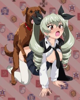 1boy 1dog 1girls 4:5 ahe_gao anchovy_(girls_und_panzer) animated animated_gif ass breasts breasts_out canine clothed clothed_female clothed_sex clothing doggy_style domestic_dog dominant_feral female female_human/male_feral female_on_feral femsub feral gif girls_und_panzer green_hair long_hair looking_at_viewer male male/female maledom medium_breasts nipples no_bra no_panties open_mouth pantsu_ahaundo sex sex_from_behind tongue tongue_out twintails vertical_video zoophilia
