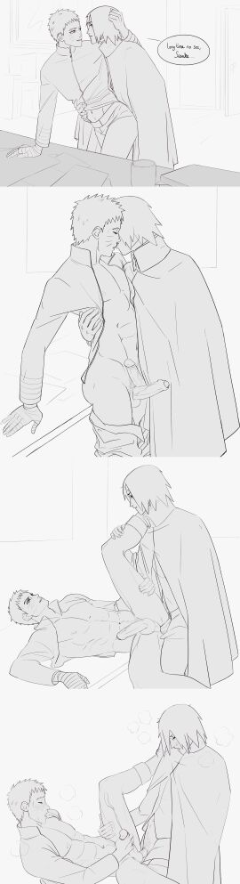 2boys anal arm_around_partner balls bandage bandaged_arm blush boruto:_naruto_next_generations bottomless cloak closed_eyes clothed_male_nude_male comic cum cum_string dialogue ejaculation ejaculation_while_penetrated english_text erection french_kiss fully_clothed functionally_nude greyscale half-closed_eyes hand_on_another's_head hand_on_another's_leg happy_sex happy_trail kissing leg_grab leg_lift leg_on_shoulder legs_up line_art looking_at_another looking_pleasured lophilia_spicy lying lying_on_back male male/male male_nipples male_penetrated male_penetrating male_penetrating_male male_pubic_hair masturbating_while_penetrated masturbation monochrome muscular muscular_male naruto nipples office open_clothes open_shirt pants_down penis penis_grab penises_touching pubic_hair romantic romantic_couple sasuke_uchiha shirt_lift short_hair sideass smile speech_bubble spiky_hair spread_legs standing sweat undressing unfinished unzipped unzipped_pants uzumaki_naruto veiny_penis visible_breath waist_grab white_background wholesome wip yaoi