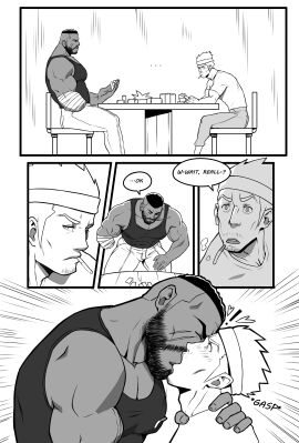 bara barret_wallace beard blush bulge cid_highwind clothing comic facial_hair final_fantasy final_fantasy_vii flaccid fully_clothed gay kissing lupin_barnabi male male_only monochrome muscles muscular penis speech_bubble yaoi