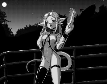 1girls 2d ? alien ariral bottomless breasts burger dialogue_box doodle_inset english_text female female_only food forehead forest full_moon greyscale high_collar highres holding holding_tray long_hair long_sleeves long_tail looking_at_viewer medium_breasts momoiro_(momoiro_tosagare) monochrome moon nature navel night night_sky open_mouth outdoors pointy_ears pussy radio_antenna railing science_fiction sky solo solo_female standing star_(sky) starry_sky tail thick_eyebrows thighhighs thighs tray voices_of_the_void whiskers