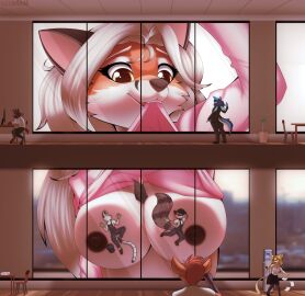 against_surface anthro antlers areola between_breasts black_areola black_hair black_nipples blonde_hair blue_body blue_eyes bottomwear breasts brown_body canid canine chair clothed clothing computer deer desk digital_media_(artwork) documents domestic_cat dragon electronics extreme_size_difference eye_contact fangs felid feline felis female flashing footwear fox fur furniture gesture gloves green_clothing green_gloves green_handwear grey_body grey_fur group hair handwear hi_res hooves horn inside larger_anthro larger_female long_hair looking_at_another looking_down looking_up macro male mammal markings micro_abuse micro_in_cleavage monitor multicolored_body mythological_creature mythological_scalie mythology nipples no_bra office office_chair office_desk office_window on_glass orange_body orange_eyes orange_hair paper pink_clothing pink_shirt pink_topwear plant plant_pot potted procyonid raccoon ransom_(ransom) red_body red_fur redmn ring_(marking) ringed_tail scalie shirt shirt_in_mouth shoes side_glance size_difference skirt smaller_anthro smaller_female smaller_male striped_body striped_markings striped_tail stripes table tail tail_markings tan_body tan_fur teeth tirrel_(tirrel) topwear two-tone_body water_fountain waving white_body white_fur white_hair window window_washing wings yellow_body yellow_eyes yellow_fur