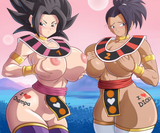 2girls alternate_breast_size ashamed black_hair blush body_writing breast_grab breasts caulifla covered_nipples dragon_ball dragon_ball_super female female_only female_saiyan god_of_destruction_(cosplay) goddess goddess_of_destruction grabbing_own_breast hands_on_breasts huge_breasts kale large_breasts multiple_females multiple_girls nipples partially_clothed soul-z thighhighs tournament_of_power universe_6