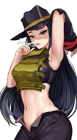 abs armpits assertive_female belly belly_button cigarette cigarette_in_mouth cowboy_hat female last_origin long_hair midriff midriff_baring_shirt narcur navel smile smoking smoking_cigarette sweaty_armpits t-75_war_wolf_(last_origin) toned toned_body toned_female white_background