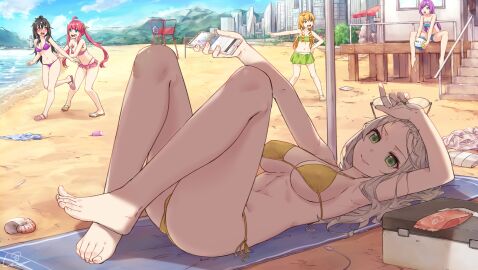 5girls :d ahoge arm_up artist_name ball_(object) bare_legs barefoot beach beach_house bikini bikini_skirt black_hair blonde_hair blue_eyes blue_sky breasts brown_eyes cellphone closed_mouth cloud cloudy_sky cooler day feet female forehead glasses green_bikini green_eyes grey_hair highres holding holding_phone holding_removed_eyewear horizon large_breasts lying multiple_females multiple_girls ocean on_back open_mouth original outdoors outstretched_arm phone pink_bikini pointing purple_bikini purple_hair ringlets seashell shade shell side-tie_bikini_bottom signature sitting sky smartphone smile solo_focus stairs standing swimsuit tareme thighs toes towel twintails umbrella unworn_eyewear volleyball volleyball_(object) wet.elephant yellow_bikini yellow_eyes