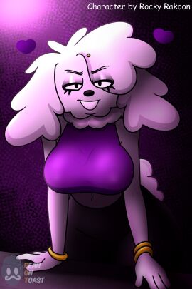 2024 2d 2d_(artwork) 2d_artwork artist_logo artist_name beanontoast black_pants breasts clothed clothed_female female furry furry_female pj_(rocky_rakoon) purple_shirt rocky_rakoon seductive_look tail thick_thighs white_fur