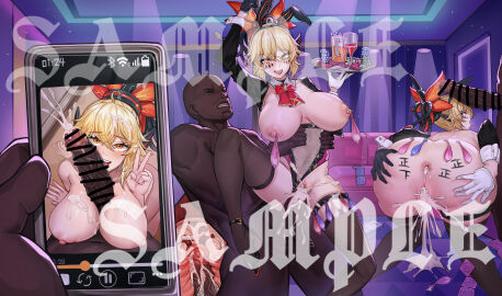 absurdres animal_ears anus ass bar_censor black_footwear black_gloves black_thighhighs blonde_hair breasts breasts_out cellphone censored condom condom_wrapper cum cum_in_ass cum_in_pussy cum_on_hair cup dark-skinned_male dark_skin dinomorphia_kentregina duel_monster ejaculation facial_mark fake_animal_ears fake_video female gloves half_gloves headgear high_heels highres holding holding_tray interracial large_breasts large_penis male mug multiple_views nipple_piercing nipples paizuri penis phone piercing playboy_bunny poker_chip pussy rabbit_ears sample_watermark sex sex_from_behind smartphone straight tally thighhighs tongue tongue_out tray used_condom v watermark white_gloves yellow_eyes yu-gi-oh! yutou_yutou_yu