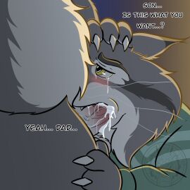1:1 2025 anthro aolieloong blush bodily_fluids canada_lynx cum cum_in_mouth cum_inside dialogue disney duo english_text erection father_(lore) father_and_child_(lore) father_and_son_(lore) felid feline genital_fluids genitals grey_body hand_on_head hi_res humanoid_genitalia humanoid_penis incest_(lore) lagomorph leporid lynx male male/male mammal milton_lynxley oral oral_penetration parent_(lore) parent_and_child_(lore) parent_and_son_(lore) pawbert_lynxley penetration penis questionable_consent rabbit sex slightly_chubby son_(lore) tears text watermark zootopia