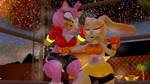 2girls 3d 3d_(artwork) amy_rose anthro big_breasts big_thighs black_shorts boxing boxing_gloves boxing_ring breasts bruise bruised bruises catfight cleavage combat_skirt cream_the_rabbit curvy duo female female_focus female_only fight fighting fighting_ring furry gloves glowing_eyes green_eyes gut_punch hairband hedgehog_girl hedgehog_humanoid midriff mouthguard night open_mouth orange_boxing_gloves orange_eyes orange_gloves orange_sports_bra outdoors pink_fur pink_hair punch punching rabbit_ears rabbit_girl rabbit_humanoid red_boxing_gloves red_gloves red_hairband red_sports_bra remake remastered rngsucks sega sfm shorts size_difference skirt smaller_dom smaller_dominant sonic_(series) sonic_the_hedgehog_(series) sports_bra sports_shorts stomach_punch sweat sweaty thick thick_hips thick_thighs thighs wide_hips yellow_skirt