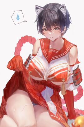 1girls animal_ears artist_request bare_shoulders bikini bikini_under_clothes black_hair blue_archive blurry blush breast_curtain breasts collarbone curvy detached_sleeves female hair_between_eyes highres huge_breasts japanese_clothes large_breasts multi_ear pleated_skirt red_sailor_collar red_skirt revealing_clothes sailor_collar serafuku short_hair sideboob solo sweat swimsuit tassel thick_thighs thighs tsubaki_(blue_archive) underboob