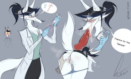 absurd_res anthro anus arctic_fox bent_over bodily_fluids bottomwear canid canine clothed clothing clothing_lift coat cum cum_in_mouth cum_inside cum_on_face disembodied_hand female fox genital_fluids genitals hi_res labcoat male male/female mammal miss_jenine oral pussy red_fox scientist siam_fox skirt skirt_lift solo spread_pussy spreading topwear true_fox underwear upskirt wet wet_clothing wet_underwear