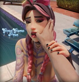 3d beach_jules blush blushing breasts choker completely_nude cowlick female fortnite goggles goggles_on_head goodgameporn1 holding_arm jules_(fortnite) looking_at_partner multicolored_hair nose_ring nude nude_female opening_mouth pool poolside tattoo tattoos thumb_in_mouth