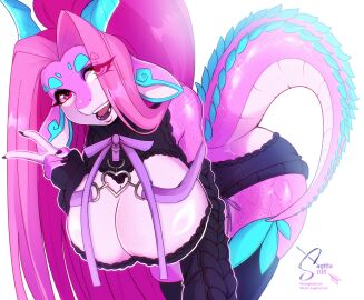 anthro ass big_ass big_ass_(female) big_ass_(futa) big_breasts big_butt big_ears blue_eyes bow breasts dragon dragon_girl female fur furry futa/female futa_only futanari heart heart_symbol heterochromia horns horns_blue intersex jewelry peace_sign pink_body pink_eyes pink_hair ponytail sagitta_(sagittascuti) sagittascuti solo solo_female solo_futa sweater sweater_dress tail virgin_killer_sweater