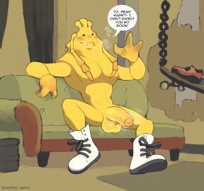 absurd_res anthro arthropod balls bisk_(splatoon) blush blush_lines bodily_fluids clothing crab crustacean decapoda footwear footwear_only foreskin furniture genitals half-erect hi_res malacostracan male male_only marine mostly_nude muscular muscular_male musk musk_clouds musky_cock nintendo nude nude_male on_sofa penis shoes shoes_only sitting sitting_on_sofa sofa solo speech_bubble spider_crab splatoon splatoon_(series) sweat sweatdrop text uncircumcised ventesthefloof