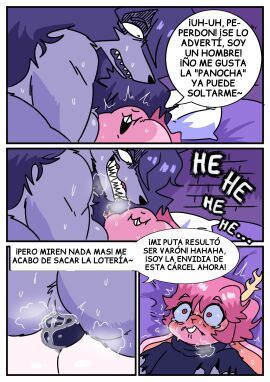 anthro antlers ass balls blush bodily_fluids breasts bulge canid canine canis clothed clothing comic dialogue digital_media duo female femboy fur fzst gay_with_woman genital_fluids genitals grey_body grey_fur hair hi_res horn interspecies lagomorph leporid male mammal nude open_mouth pink_body pink_fur pink_hair predator/prey prisoner pussy rabbit renita_reed scared sharp_teeth simple_background smile spanish_text speech_bubble surprised surprised_face sweat sweater teeth text topwear translated underwear wolf